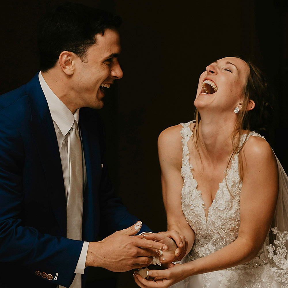 Newlyweds laughing together